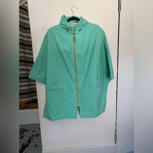 Vintage 80s I. Magnin teal raincoat/poncho with hood, gold zipper and pockets